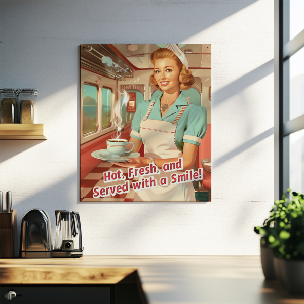 This retro Coffee Poster features a smiling server in a teal uniform holding a steaming coffee cup. The text reads, "Hot, Fresh, and Served with a Smile!" It has a classic vintage diner aesthetic.