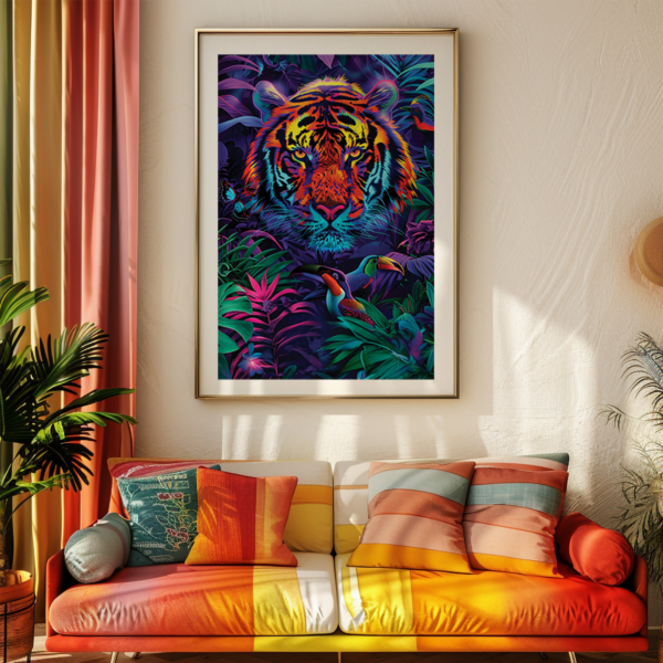 A Dopamine Decor painting of a multicolored tiger hangs above a sofa adorned with colorful striped pillows. The warmly lit room features lush plants and rich textures, creating an energetic and inviting space.
