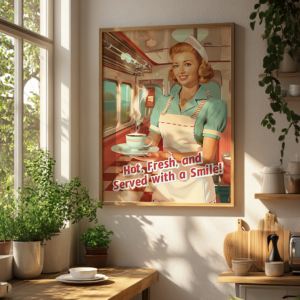 This retro Coffee Poster depicts a smiling waitress serving a steaming coffee cup in a diner. Bright, nostalgic tones create a lively, cheerful vintage ambiance. The text reads, "Hot, Fresh, and Served with a Smile!"