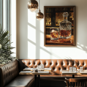 A cozy café corner with brown leather seating and a wooden table set for four. A framed Bourbon Wall Art print depicting whiskey and glassware hangs on the wall, while warm lighting and indoor plants enhance the atmosphere.