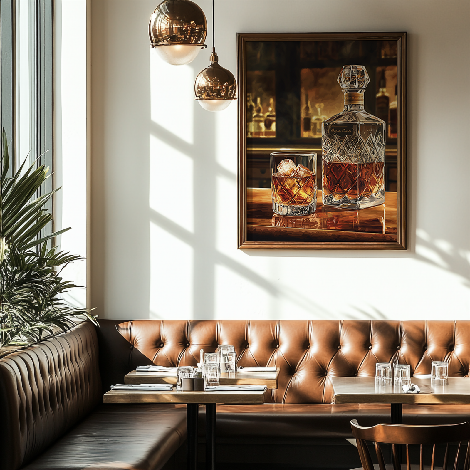 A cozy café corner with brown leather seating and a wooden table set for four. A framed Bourbon Wall Art print depicting whiskey and glassware hangs on the wall, while warm lighting and indoor plants enhance the atmosphere.