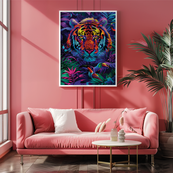 A Dopamine Decor tiger painting surrounded by lush foliage hangs on a vibrant pink wall. A pink sofa and green plants complete the lively, energetic atmosphere of the space.