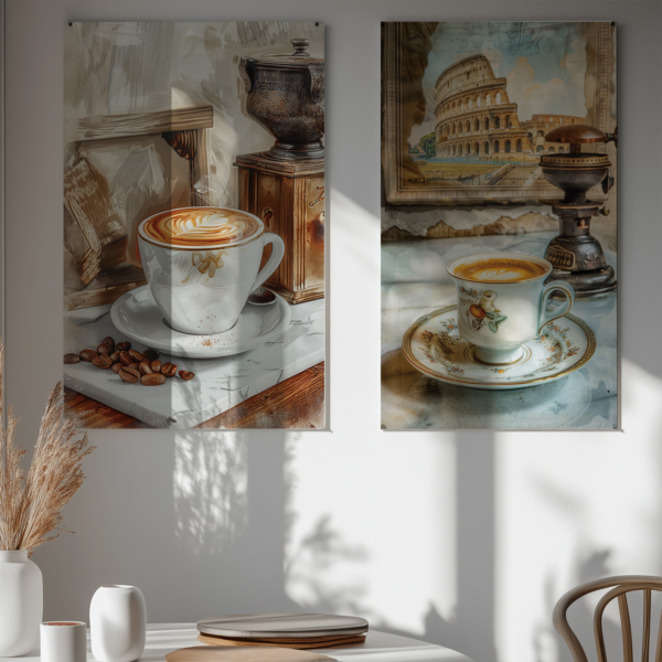 A cozy café setting featuring two framed pieces from a Retro Coffee Poster Set depicting cappuccinos in vintage cups. Sunlight casts soft shadows, creating a warm and inviting atmosphere.
