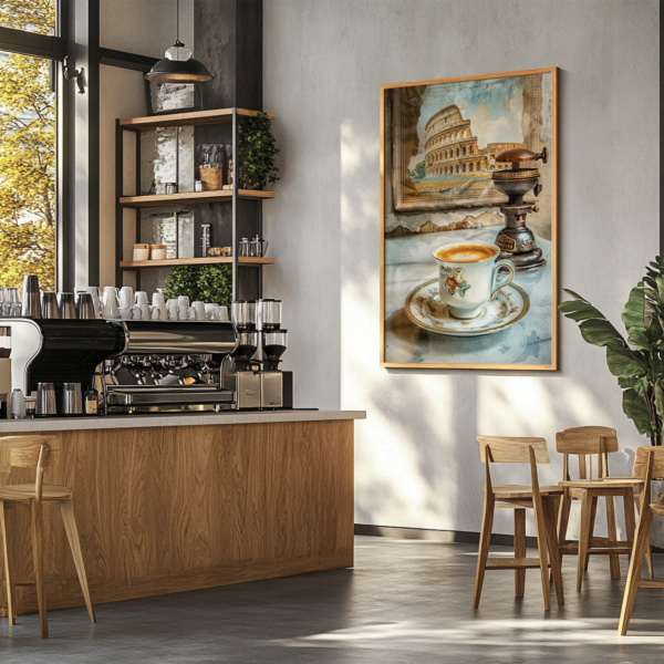 A modern café interior with a wooden counter, espresso machine, and shelves with plants. A framed Retro Coffee Poster Set print featuring coffee and the Colosseum hangs on the wall, enhancing the cozy ambiance.