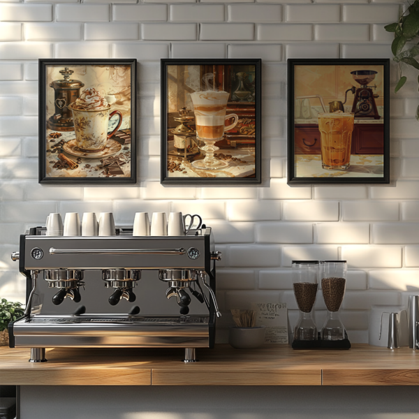 A modern café counter with a sleek espresso machine, wooden countertop, and cups stacked neatly. Above, three framed Retro Coffee Poster Set prints featuring vintage coffee artwork adorn a white tile wall.