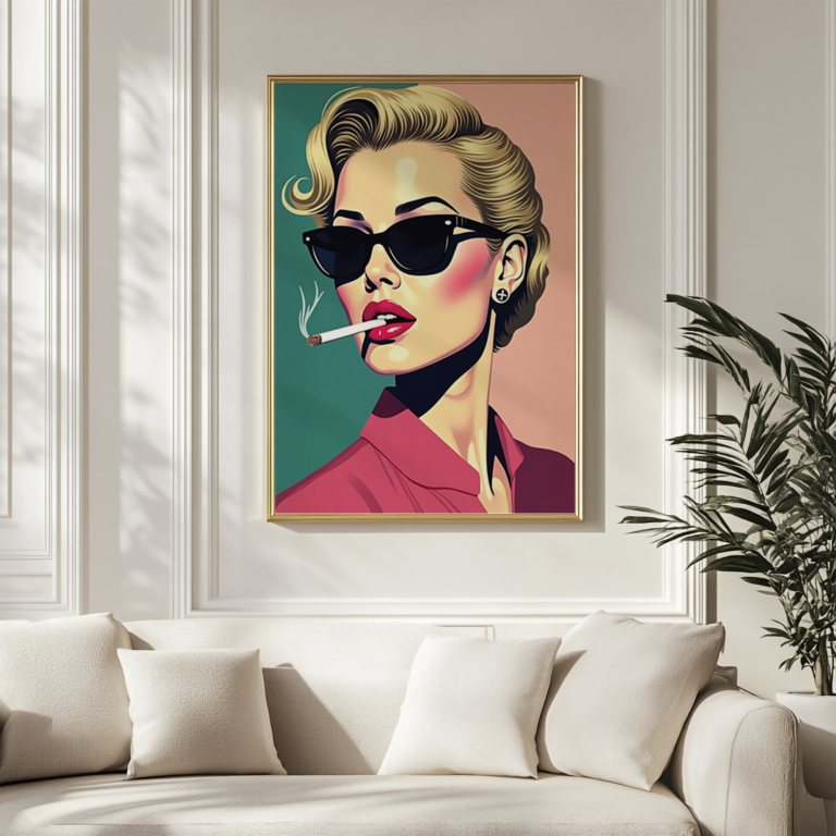 A sleek home office setup featuring a desk, a laptop, and a framed Pop Art Elegant Woman artwork on the wall. The artwork showcases a confident woman with bold red lips, adding a touch of fashion-inspired decor to the workspace.