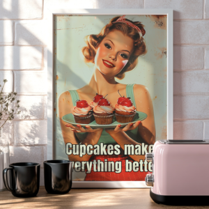 A 1950s Poster of a smiling woman holding cupcakes with cherries. The text reads, "Cupcakes make everything better." A cozy kitchen setting features a pink toaster, adding to the nostalgia.