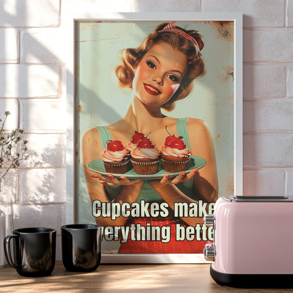A 1950s Poster of a smiling woman holding cupcakes with cherries. The text reads, "Cupcakes make everything better." A cozy kitchen setting features a pink toaster, adding to the nostalgia.