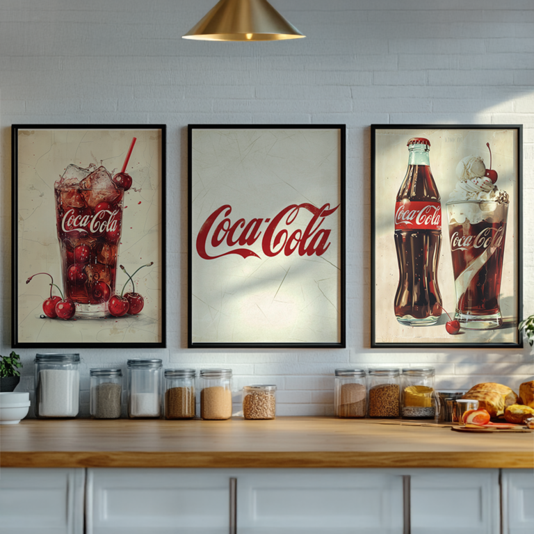 Three vintage Coca-Cola posters hang above a kitchen counter decorated with jars and fresh fruit. The artwork showcases retro drinks and classic branding, adding a nostalgic touch to the space.