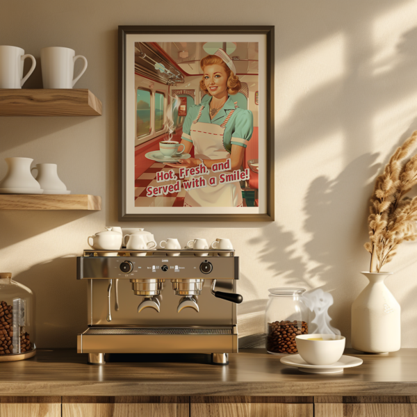 A Retro Coffee Poster featuring a smiling server is framed above a modern coffee machine on a wooden counter. Steaming coffee and neatly stacked cups create a warm and inviting ambiance.
