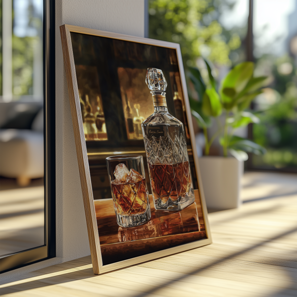 A framed Bourbon Wall Art print of a whiskey decanter and glass with ice leans against a sunlit wall. Green plants and a cozy interior add warmth to the inviting scene.