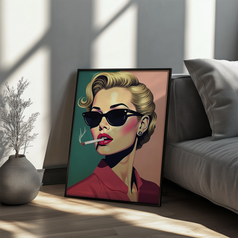 A cozy reading corner with a velvet armchair, a stack of books, and a framed Pop Art Elegant Woman artwork hanging above. Soft lighting and a vintage floor lamp add to the inviting atmosphere.