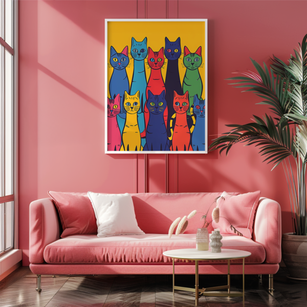 A modern living room with pink walls and a cozy couch displays a framed Dopamine Poster of eight multicolored cats. The lively painting exudes a playful, energetic vibe.