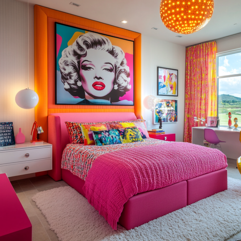 A vibrant bedroom featuring a large Dopamine Style Wall Art pop art portrait above a pink bed. Colorful bedding, white nightstands, and bright decor create a lively, modern atmosphere.