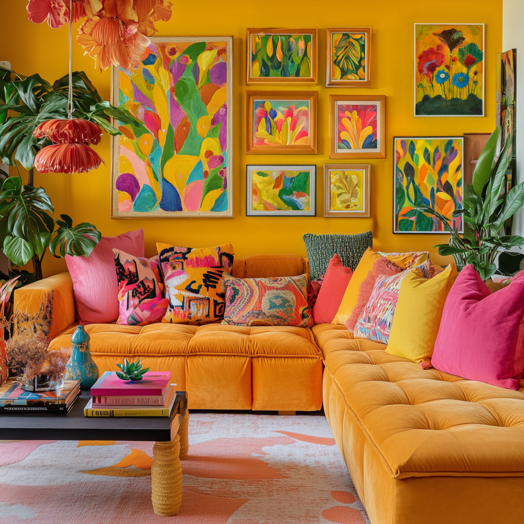 A vibrant living room featuring a yellow-orange sofa, colorful patterned cushions, and a gallery wall showcasing Dopamine Style Wall Art. Lush green plants add freshness, creating an energetic yet cozy atmosphere.