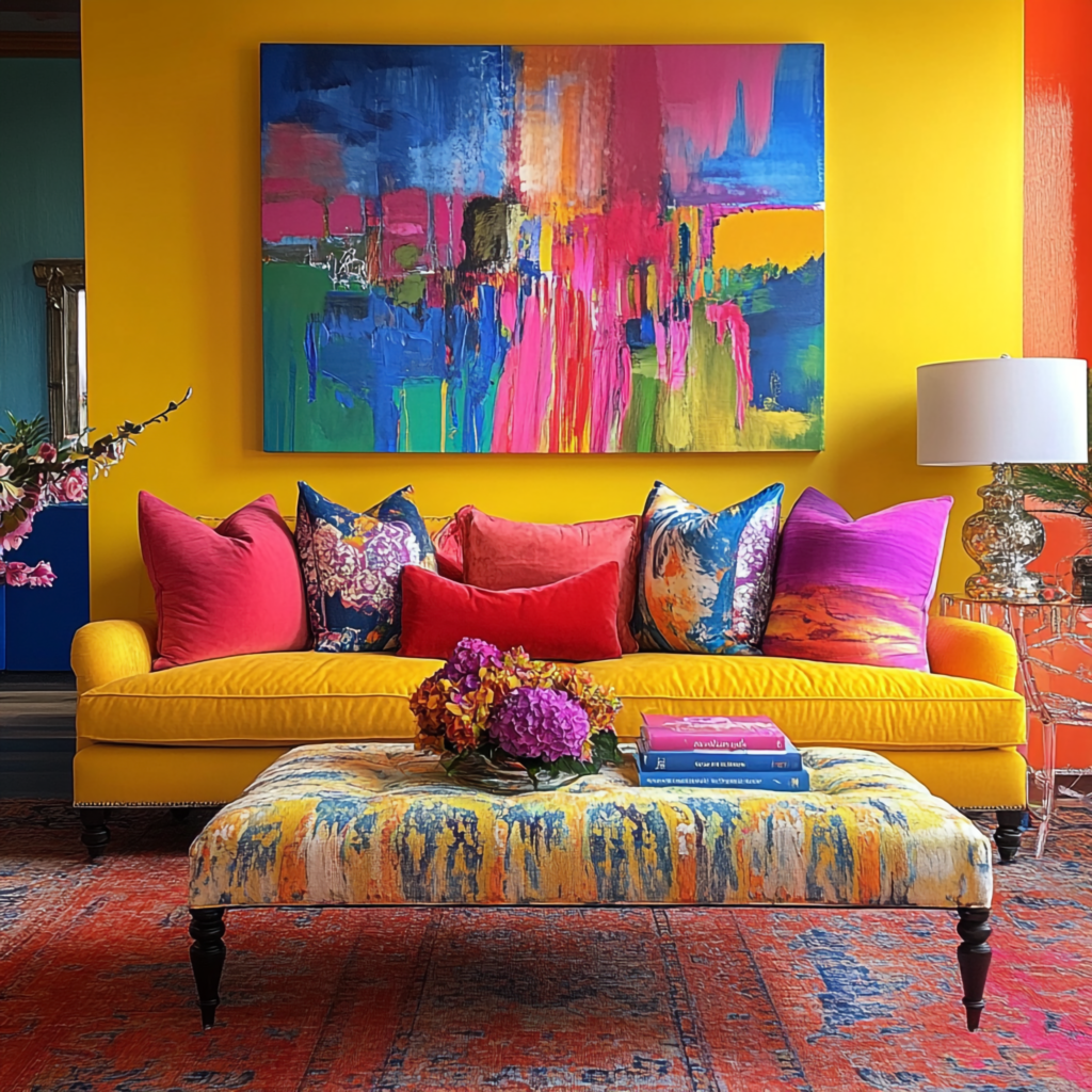 A vibrant living room featuring a yellow sofa with colorful pillows, complemented by a bold Dopamine Style Wall Art abstract painting above. A floral ottoman and bright decor enhance the lively and energetic atmosphere.