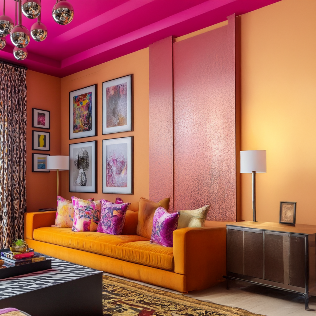 A vibrant living room with bright orange walls and a pink ceiling. An orange sofa with colorful cushions faces a wall decorated with Dopamine Style Wall Art and metallic lamps, creating a bold and artistic atmosphere.