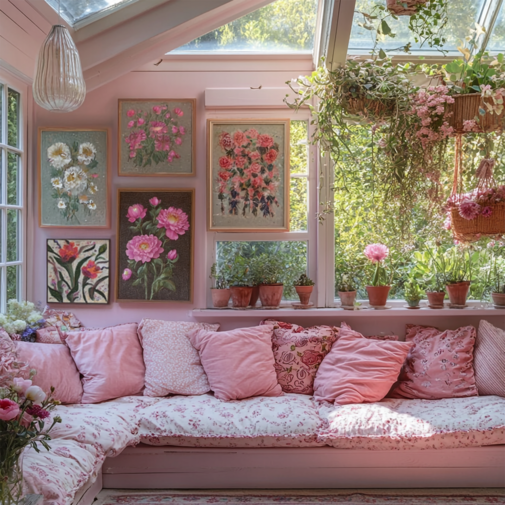 A sunlit room with pink walls, a cozy floral-patterned couch, and numerous pink cushions. Dopamine Style Wall Art featuring vibrant flower paintings adorns the wall, while potted plants and hanging baskets enhance the serene, lush atmosphere.