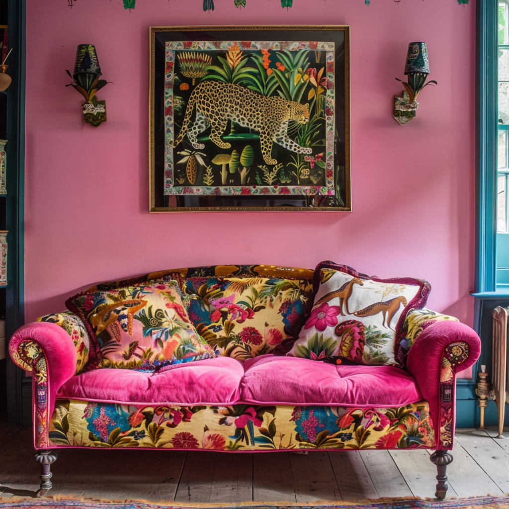 A bright, eclectic living room featuring a vivid floral-patterned couch with pink cushions. Bold Dopamine Style Wall Art showcasing a colorful leopard hangs on the pink wall, creating a vibrant and creatively energizing atmosphere.