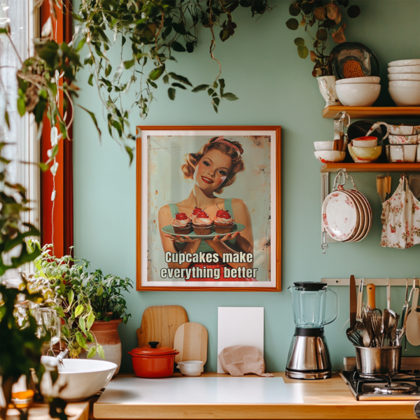 A cozy kitchen with pastel decor and plants featuring a 1950s Poster of a smiling woman holding cupcakes. The caption reads, "Cupcakes make everything better," adding to the nostalgic charm.