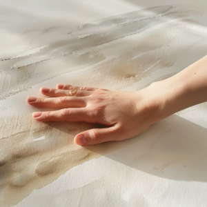 A hand gently touches a Sustainable Wall Art piece featuring a textured watercolor painting in soft browns and grays. The natural light enhances the calming and organic feel of the artwork.