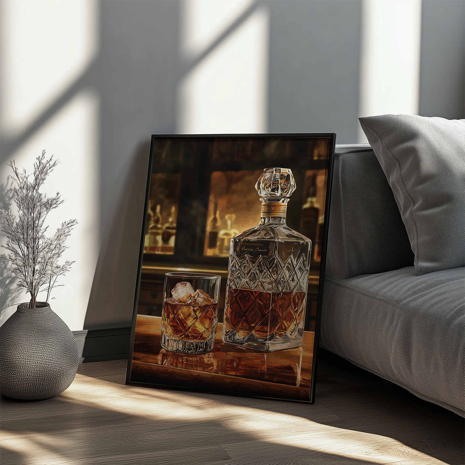 A framed Bourbon Wall Art print of a decanter and glass with amber liquid leans against a couch on a wooden table. Soft light casts gentle shadows, enhancing the warm and inviting atmosphere.