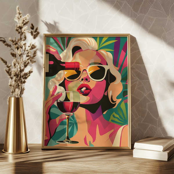 A lively retro pop art portrait of a woman in sunglasses drinking wine. Bold colors and geometric patterns create a dynamic, retro-inspired atmosphere.