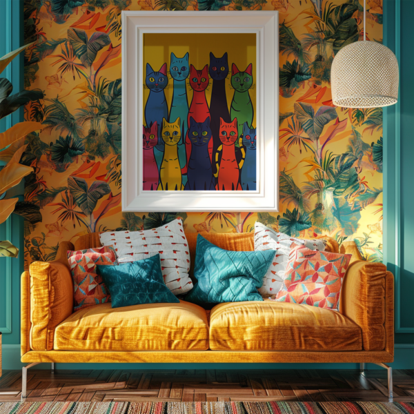 In a vibrant room with an orange sofa and patterned cushions, a framed Dopamine Poster of colorful cats hangs on tropical-themed wallpaper. The scene is energetic and eye-catching.