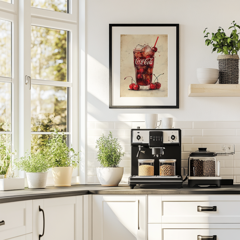 A bright kitchen with white cabinets features a framed vintage Coca-Cola poster above a coffee maker. Sunlight filters through large windows, illuminating potted herbs and warm retro details.
