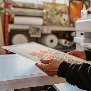Hands holding a Sustainable Wall Art floral print in a cozy art studio. Stacked paper rolls and colorful framed artworks fill the background, creating a warm and inspiring creative atmosphere.