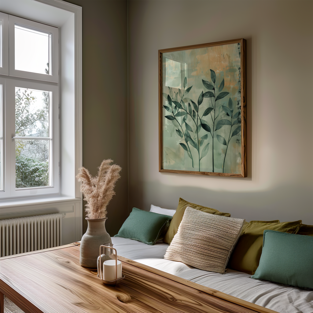 A cozy room featuring a soft sofa with green and beige cushions. A wooden table holds a vase of pampas grass and a candle. A Sustainable Wall Art piece with a leaf painting hangs on the wall, enhancing the natural ambiance.