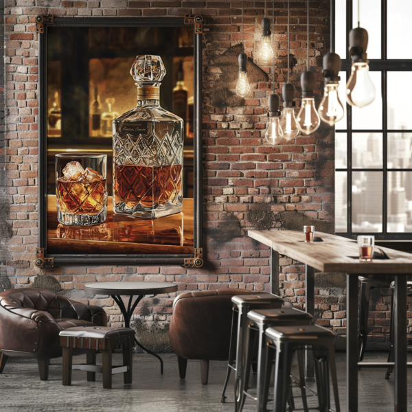 A cozy rustic bar with leather seating, exposed brick walls, and industrial lighting. A framed Bourbon Wall Art piece featuring whiskey and glassware enhances the warm and inviting ambiance.