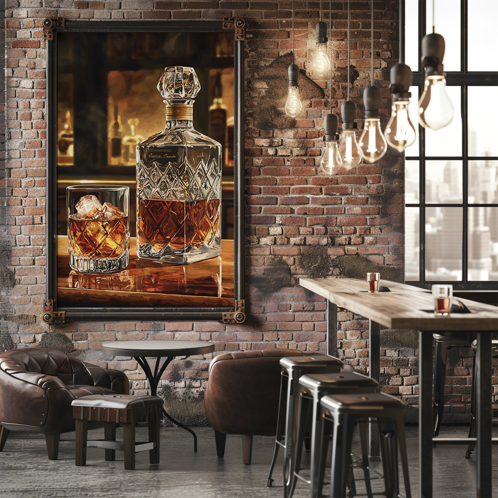 A cozy rustic bar with leather seating, exposed brick walls, and industrial lighting. A framed Bourbon Wall Art piece featuring whiskey and glassware enhances the warm and inviting ambiance.