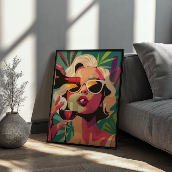 A retro pop art portrait of a woman in sunglasses, holding a wine glass and lipstick. Bright colors and a playful tone define the image. A framed version leans against a sofa, surrounded by soft shadows.