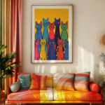 A framed Dopamine Poster featuring an abstract painting of cats in vibrant hues hangs on the wall in a colorful living room. The matching patterned pillows on the couch enhance the lively vibe.