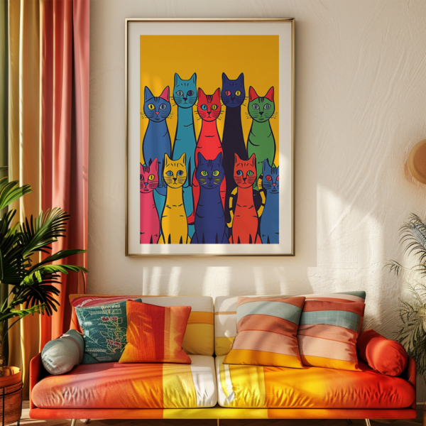 A framed Dopamine Poster featuring an abstract painting of cats in vibrant hues hangs on the wall in a colorful living room. The matching patterned pillows on the couch enhance the lively vibe.