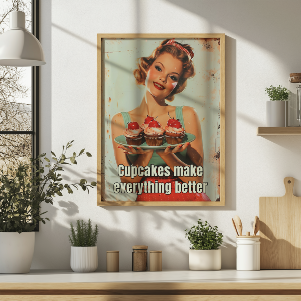 A 1950s poster of a smiling woman holding cupcakes features the text "Cupcakes make everything better." The bright kitchen setting and warm tones enhance the vintage aesthetic.
