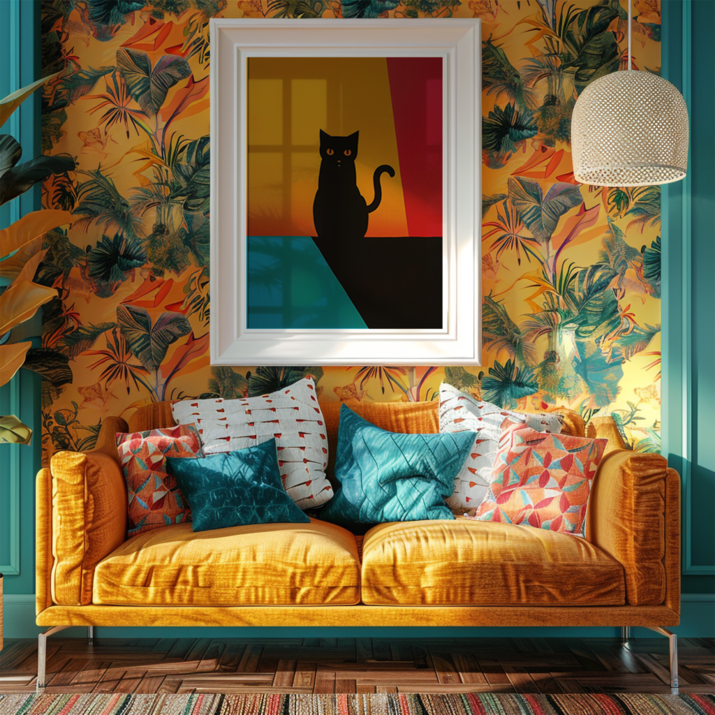A vibrant living room with tropical-patterned wallpaper, an orange sofa, and colorful cushions. A framed Black Cat Poster with a cat silhouette against a multicolored geometric backdrop adds an artistic focal point.