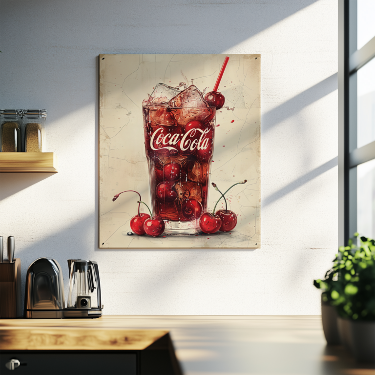 A kitchen showcases a vintage Coca-Cola poster featuring a glass of cola, cherries, and ice. Sunlight casts soft shadows, enhancing the nostalgic and refreshing vibe of the space.