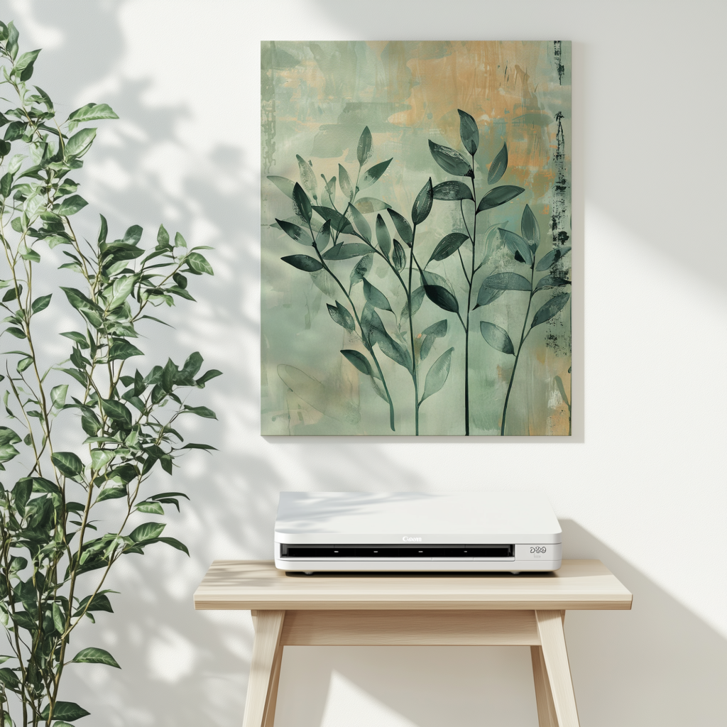 A minimalist room with a leafy plant bathed in sunlight, a Sustainable Wall Art piece featuring green foliage on the wall, and a white device on a light wood table. The space exudes a serene and modern ambiance.