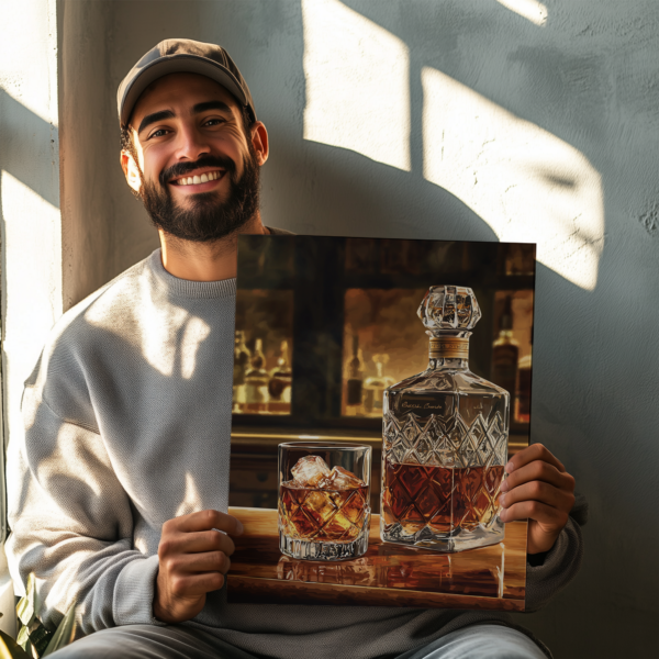 A smiling man in a cap and sweater holds a framed Bourbon Wall Art print featuring a whiskey decanter and glass. Sunlight through a window casts soft shadows, adding warmth to the scene.