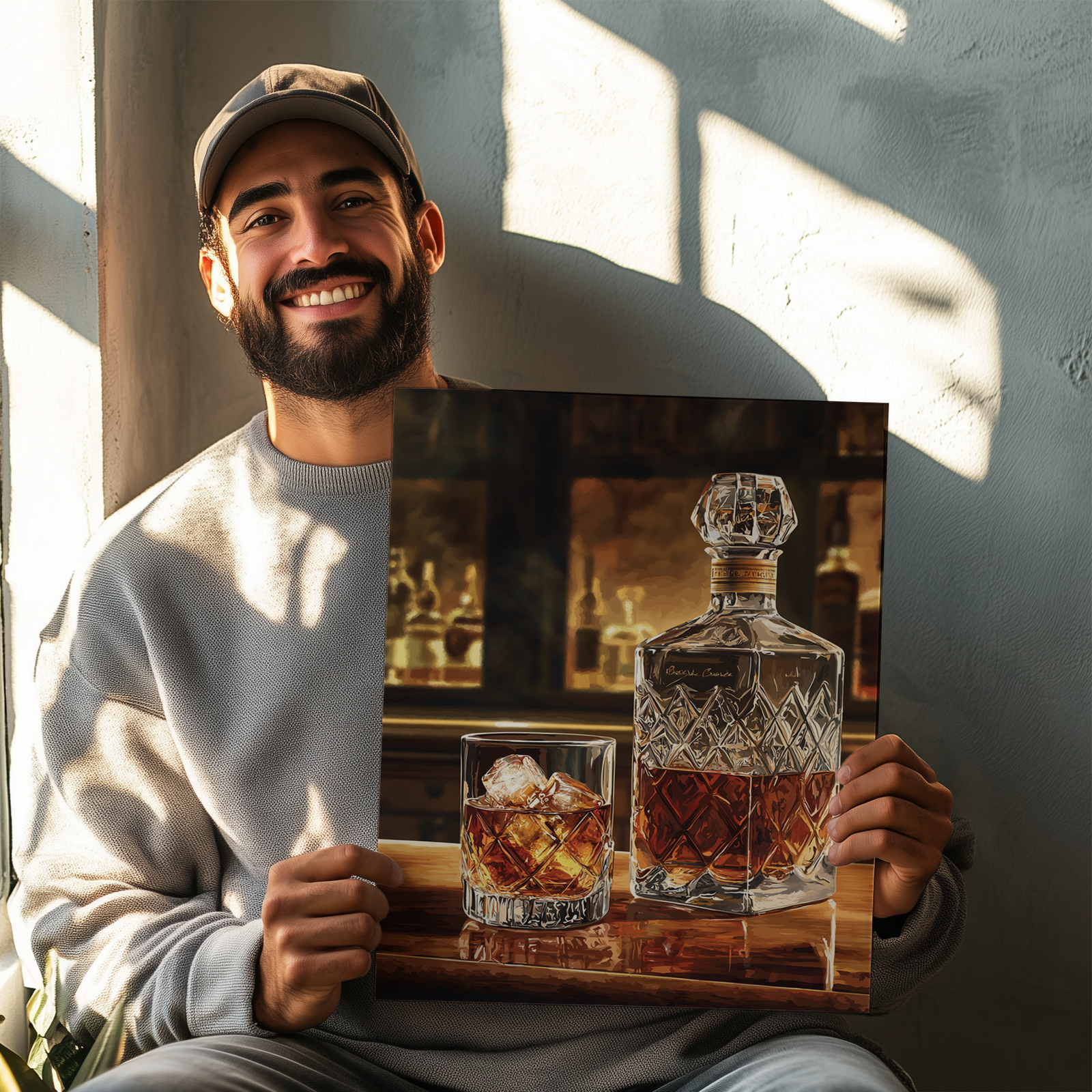 A smiling man in a cap and sweater holds a framed Bourbon Wall Art print featuring a whiskey decanter and glass. Sunlight through a window casts soft shadows, adding warmth to the scene.
