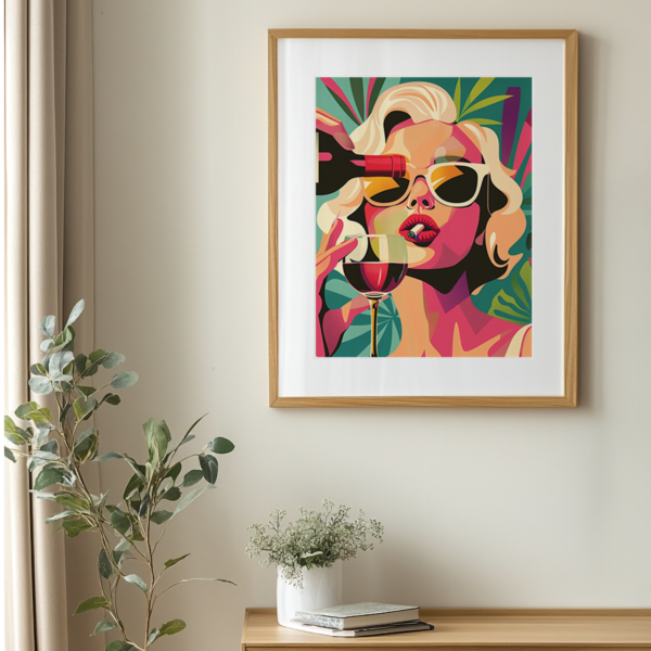 A framed retro pop art poster of a woman in sunglasses drinking wine against a colorful background. The artwork hangs on a beige wall above a wooden console table with plants.