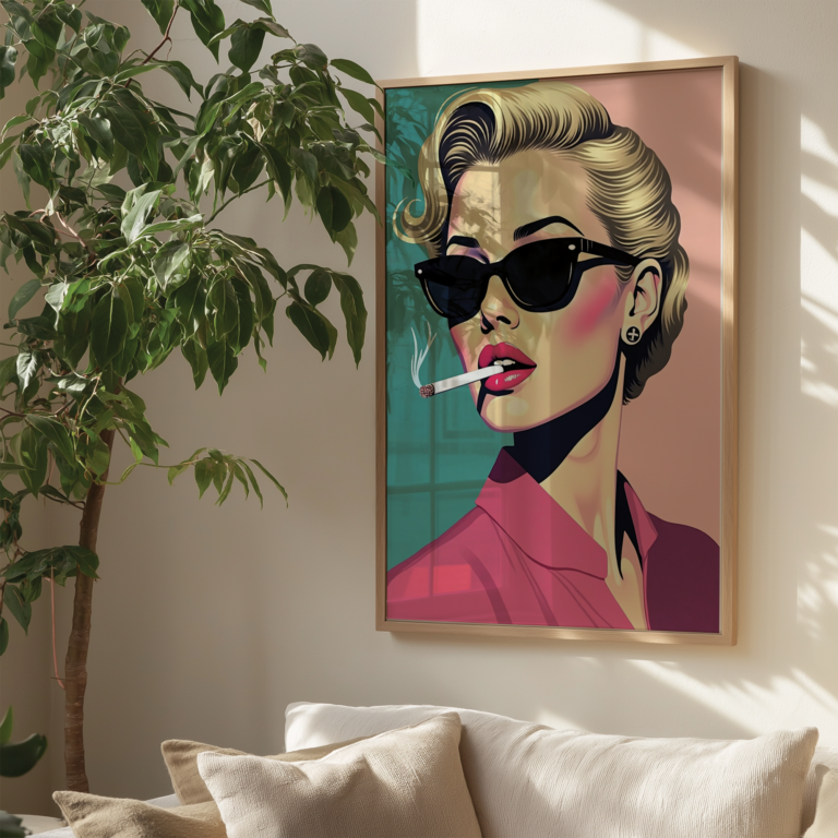 A chic salon with blush pink walls and gold accents features a framed Pop Art Elegant Woman artwork. The image of a glamorous woman with oversized sunglasses and striking red lips adds a stylish focal point to the space.