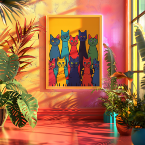A framed Dopamine Poster of vibrant cat art is displayed in a sunlit room with pink and yellow walls. Lush plants in the background enhance the playful, tropical atmosphere.