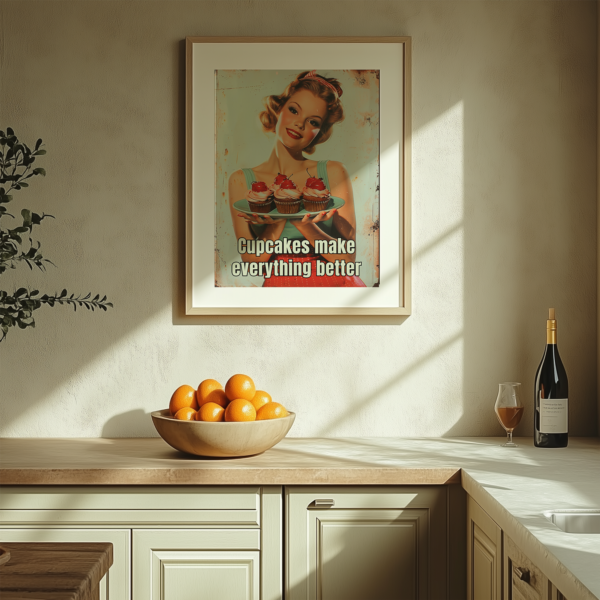 A sunlit kitchen with beige cabinets and a wooden countertop features a 1950s Poster of a smiling woman holding cupcakes. The poster reads, "Cupcakes make everything better." A bowl of oranges and wine complete the warm, vintage look.