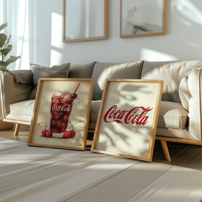 Framed vintage Coca-Cola posters rest against a beige couch in a sunlit room. One features a cherry drink, while the other displays the classic logo, creating a cozy and nostalgic ambiance.