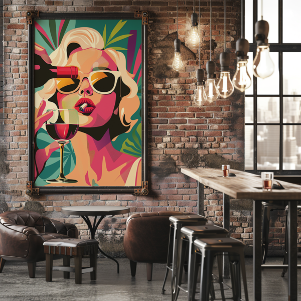 A colorful retro pop art poster of a woman drinking wine hangs on a brick wall in an industrial-style café. Warm lighting and leather seating create a cozy atmosphere.