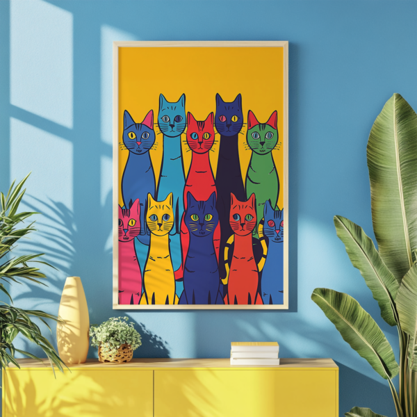 A framed Dopamine Poster showcasing ten stylized cats in bright hues is displayed on a yellow wall with a vibrant blue background. Complementary plants and decor add a lively tone.