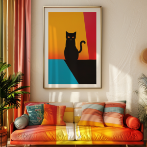 A vibrant living room with tropical-patterned wallpaper, an orange sofa, and colorful cushions. A framed Black Cat Poster with a cat silhouette against a multicolored geometric backdrop adds an artistic focal point.